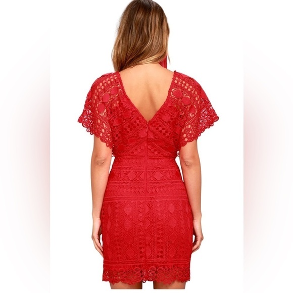 Lulus Mini Dress Coquette XS Lace Feminine Tomato Girl Cherry Red Flutter Sleeve - Picture 5 of 11
